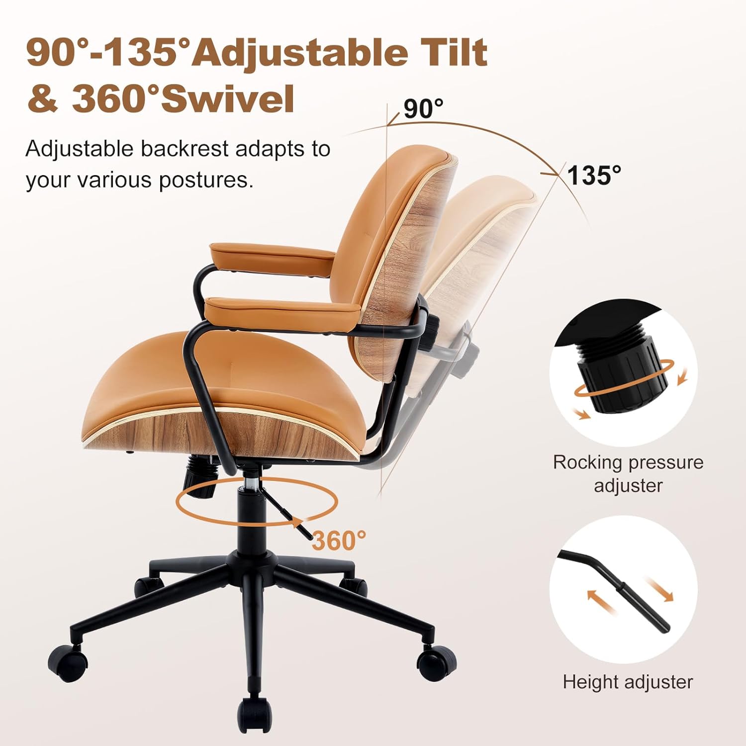 Mid Century Modern Office Chair with Adjustable Backrest, Wooden Desk Chair with Armrests, Swivel Height Adjustable Home Office Chair, Comfortable Task Chair for Home Office, Brown