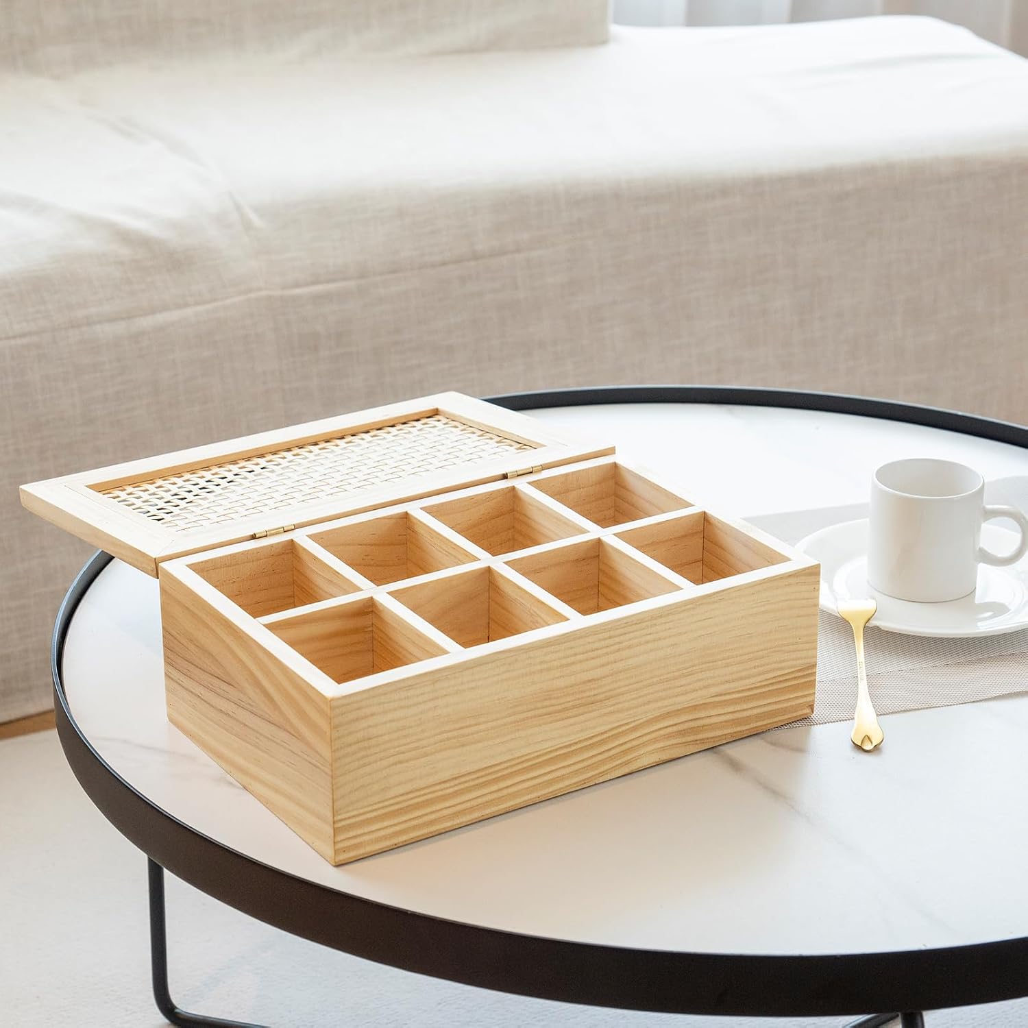 JJSQ Wooden Tea Bag Organizer Box with Lid, 8 Compartment Tea Storage Chest, Tea Caddy Holder Organizer for Countertop, Tea Station and Tea Accessories (Natural)