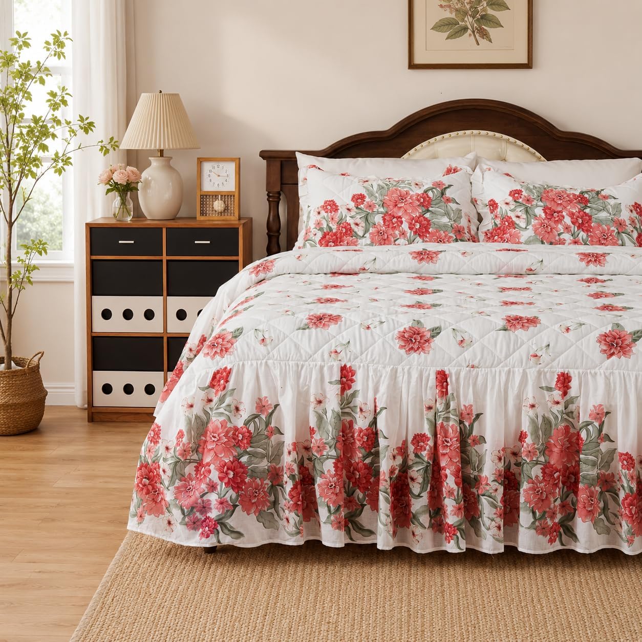 100% Cotton Ruffled Bed Skirt with 21 Inch Drop, Dust Ruffle for Twin XL, Full, Queen and King Size Beds, Wrinkle Free Floral Bed Skirt, Elegant Bedspread Set with Pillow Sham