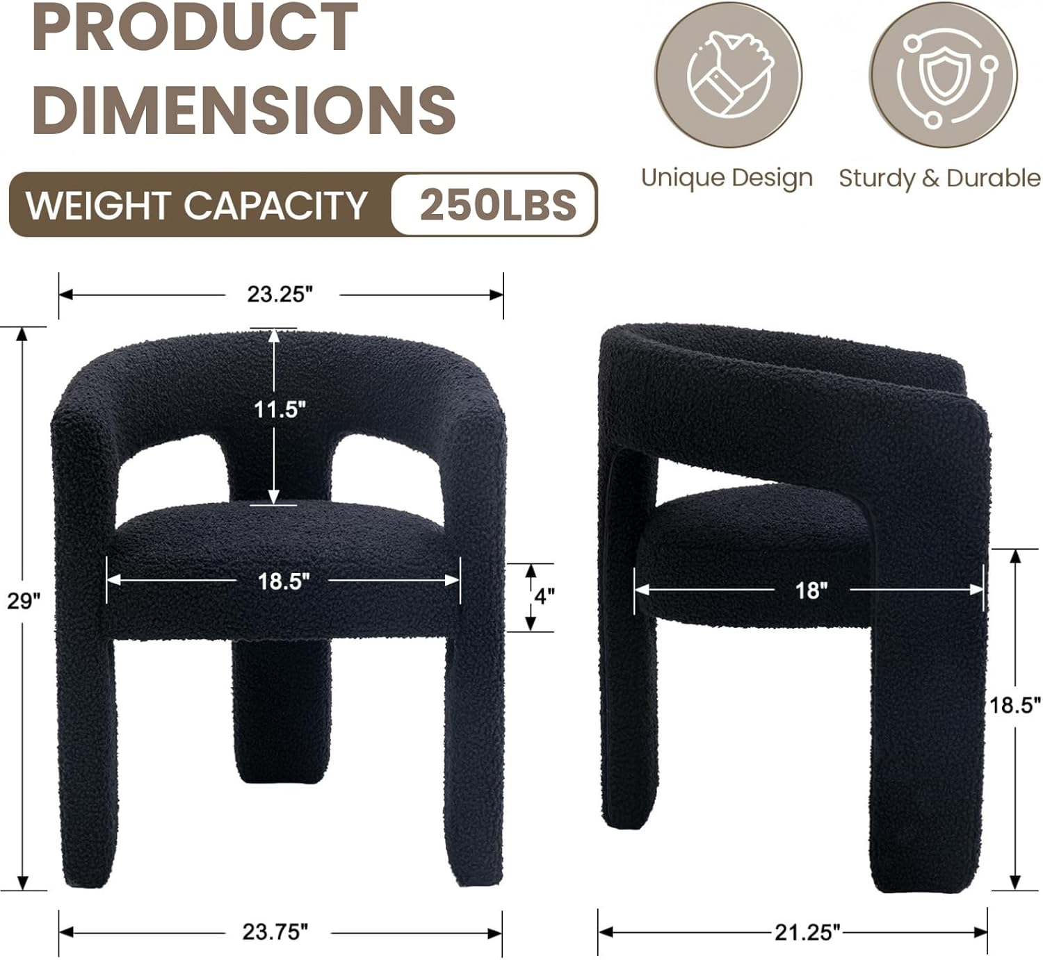 HNY Modern Barrel Kitchen & Dining Room Chairs Set of 6, Sherpa Upholstered Accent Chairs with Arm, 18.5'' Wide Side Armchairs Vanity Chairs for Living Room Bedroom Makeup Small Spaces, Black