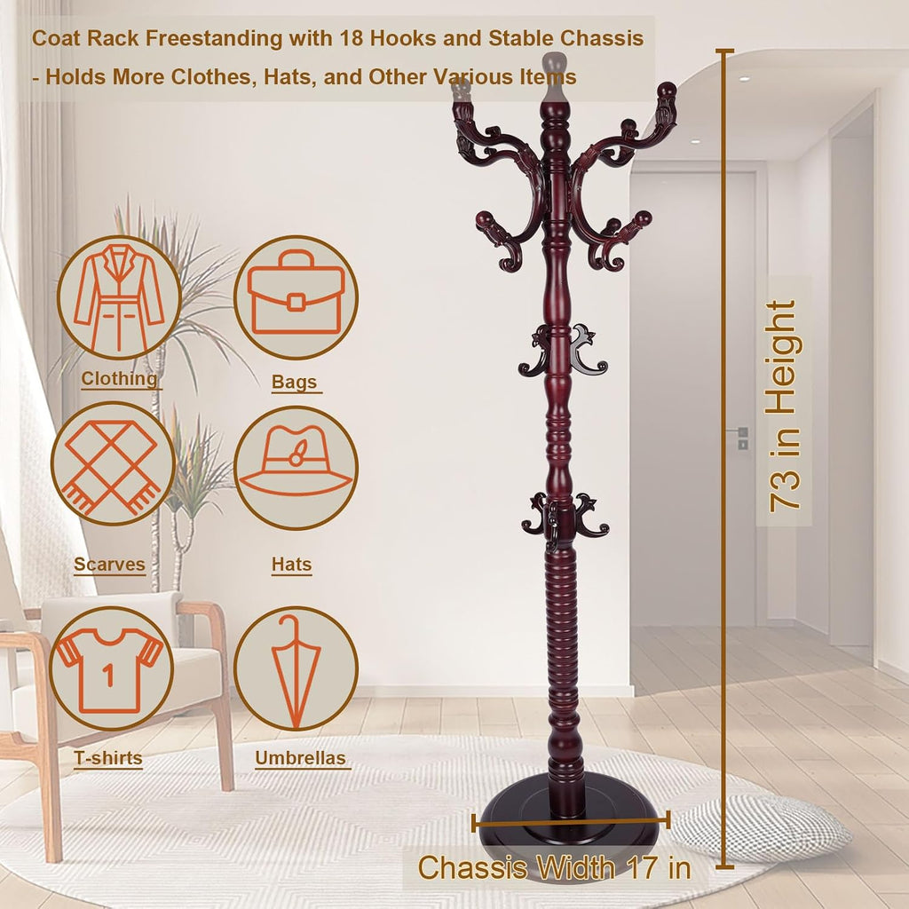Coat Rack Freestanding with 18 Hooks, Wooden Standing Coat Racks for Entryway, Solid Wood Clothes Hanger Rack with Sturdy Round Base for Entryway, Hall, Bedroom, Office, Hallway