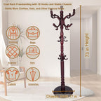Coat Rack Freestanding with 18 Hooks, Wooden Standing Coat Racks for Entryway, Solid Wood Clothes Hanger Rack with Sturdy Round Base for Entryway, Hall, Bedroom, Office, Hallway