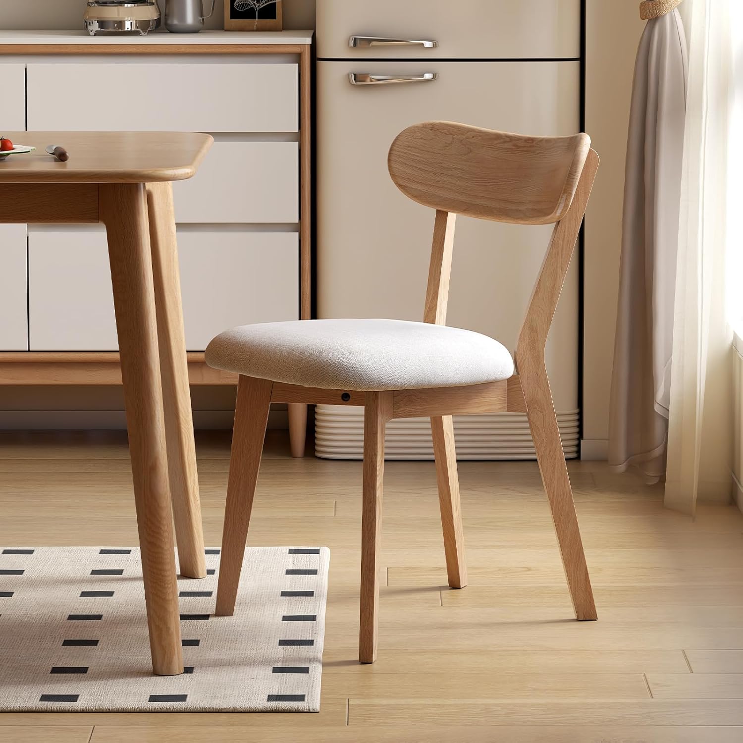 100% Solid Oak Dining Chairs, Mid Century Modern Dining Chair with Curved Backrest, Fabric Upholstered Dining Chairs for Kitchen, Study, Living Room (4, Original Wood-Pear White Cushion)