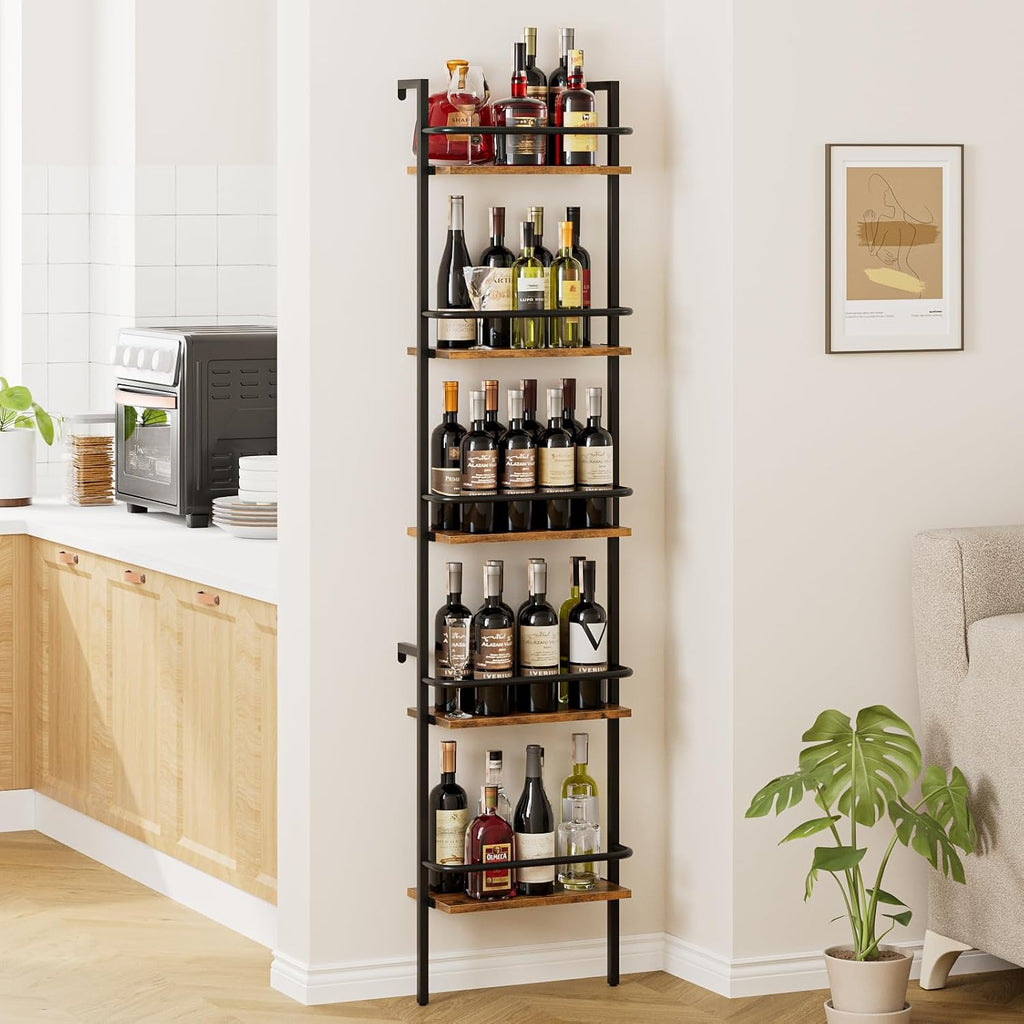 5-Tier Wine Rack Wall Mounted, Wine Racks Freestanding Floor with Fences, 50 Bottles Wine Bottle Holder Liquor Cabinet Bar Shelves for Home, Kitchen, Dining Room (Brown)