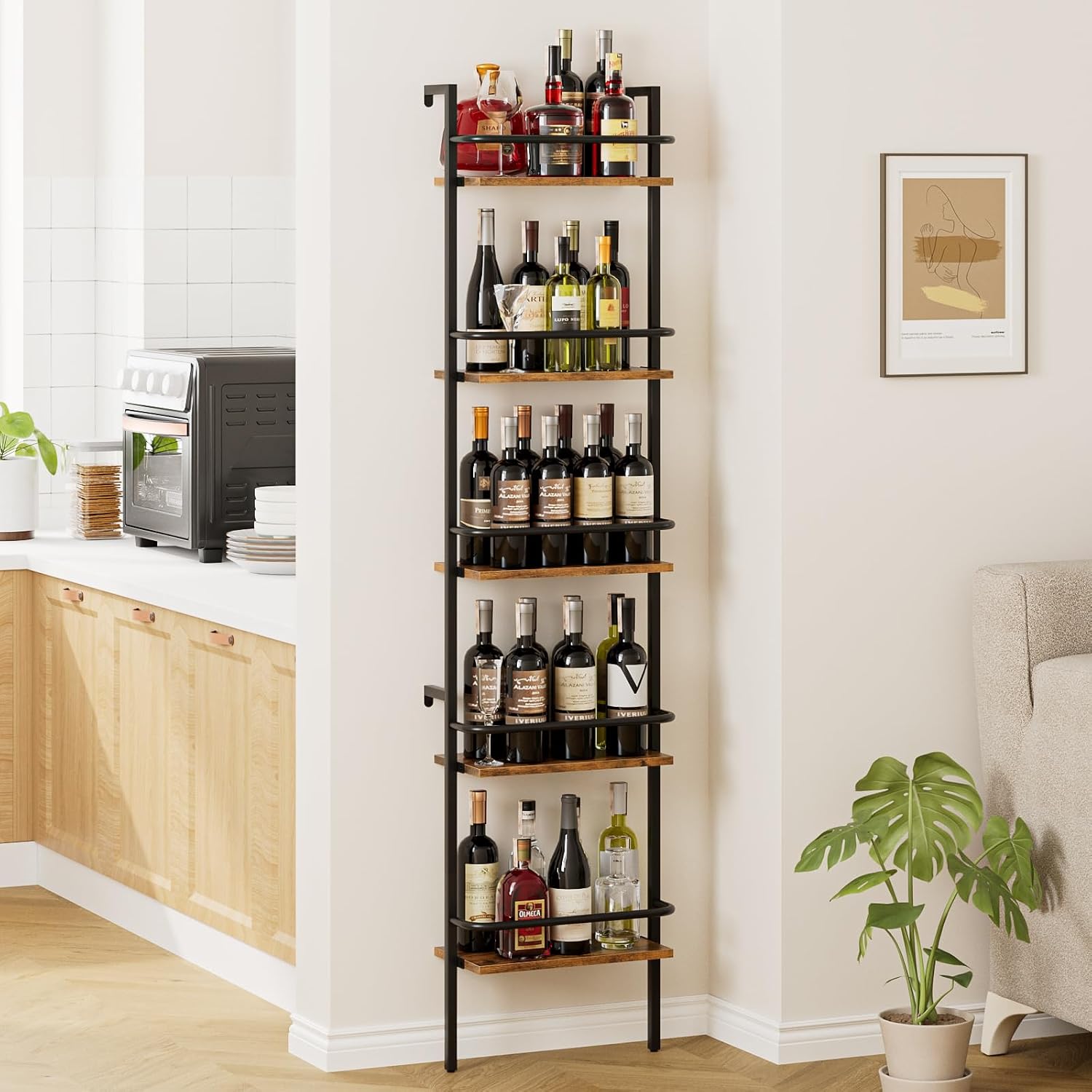 5-Tier Wine Rack Wall Mounted, Wine Racks Freestanding Floor with Fences, 50 Bottles Wine Bottle Holder Liquor Cabinet Bar Shelves for Home, Kitchen, Dining Room (Brown)