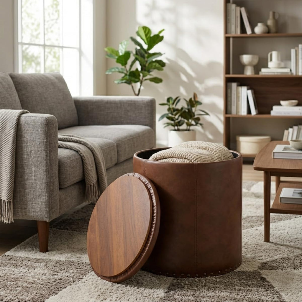 Adeco Brown Upholstered Round Faux Leather Storage Ottoman with Tray Lid | Tufted Foot Rest Ottoman for Living Room & Bedroom | Decorative Home Furniture