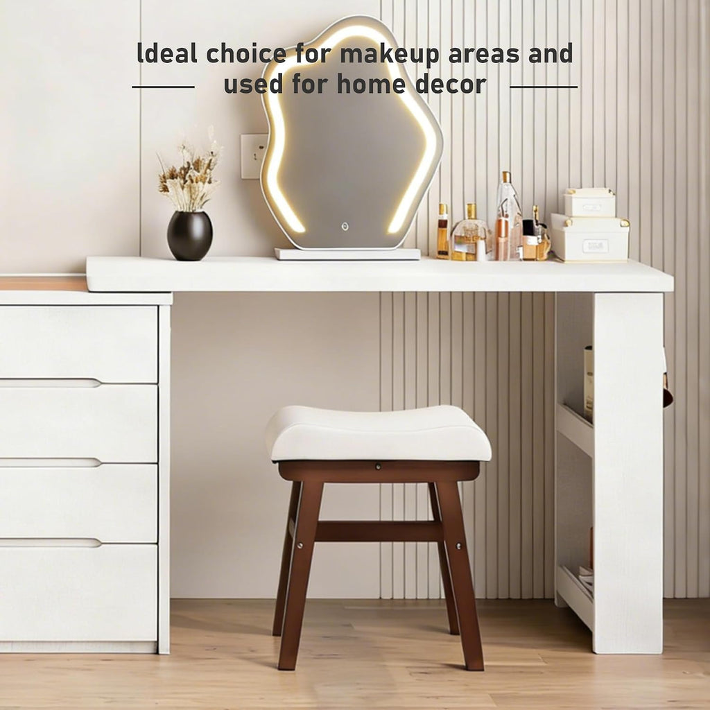 Wood Vanity Stool Chair, 17.7 Inch Compact Makeup Chairs with Saddle Cushion, Linen-Covered High Rebound Sponge Seat, Easy Assembly Footstool for Bedroom, Entryway, Home, Walnut Ottomans