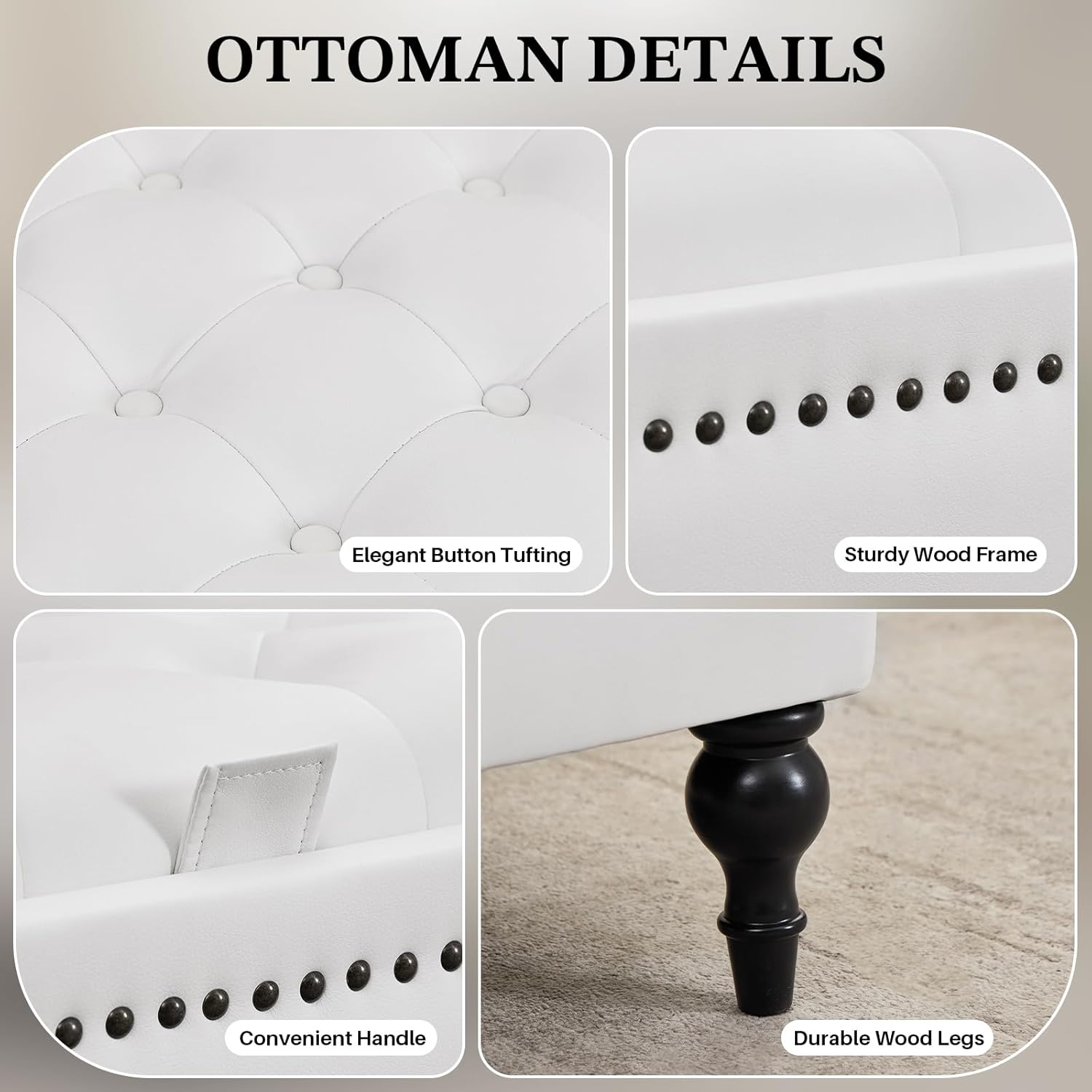 Storage Ottoman Coffee Table, Large Ottoman with Storage Oversized Square Footstool with Anti-Slip Embedded Lid, Tufted Upholstered Ottomans for Living Room, White Faux Leather
