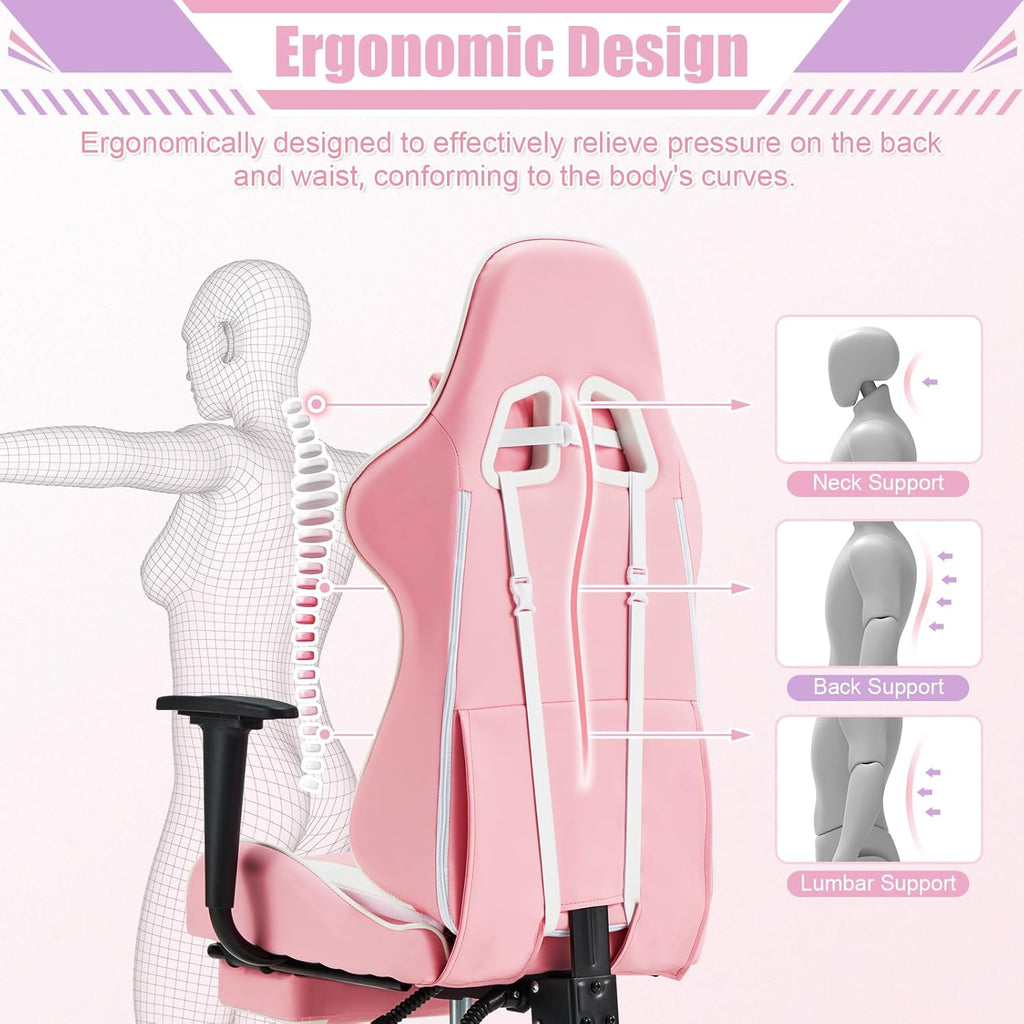 ECOTOUGE PC Gaming Chair Massage Ergonomic Office Desk Chair Racing PU Leather Recliner Swivel Rocker with Headrest and Lumbar Pillow, Pink-White
