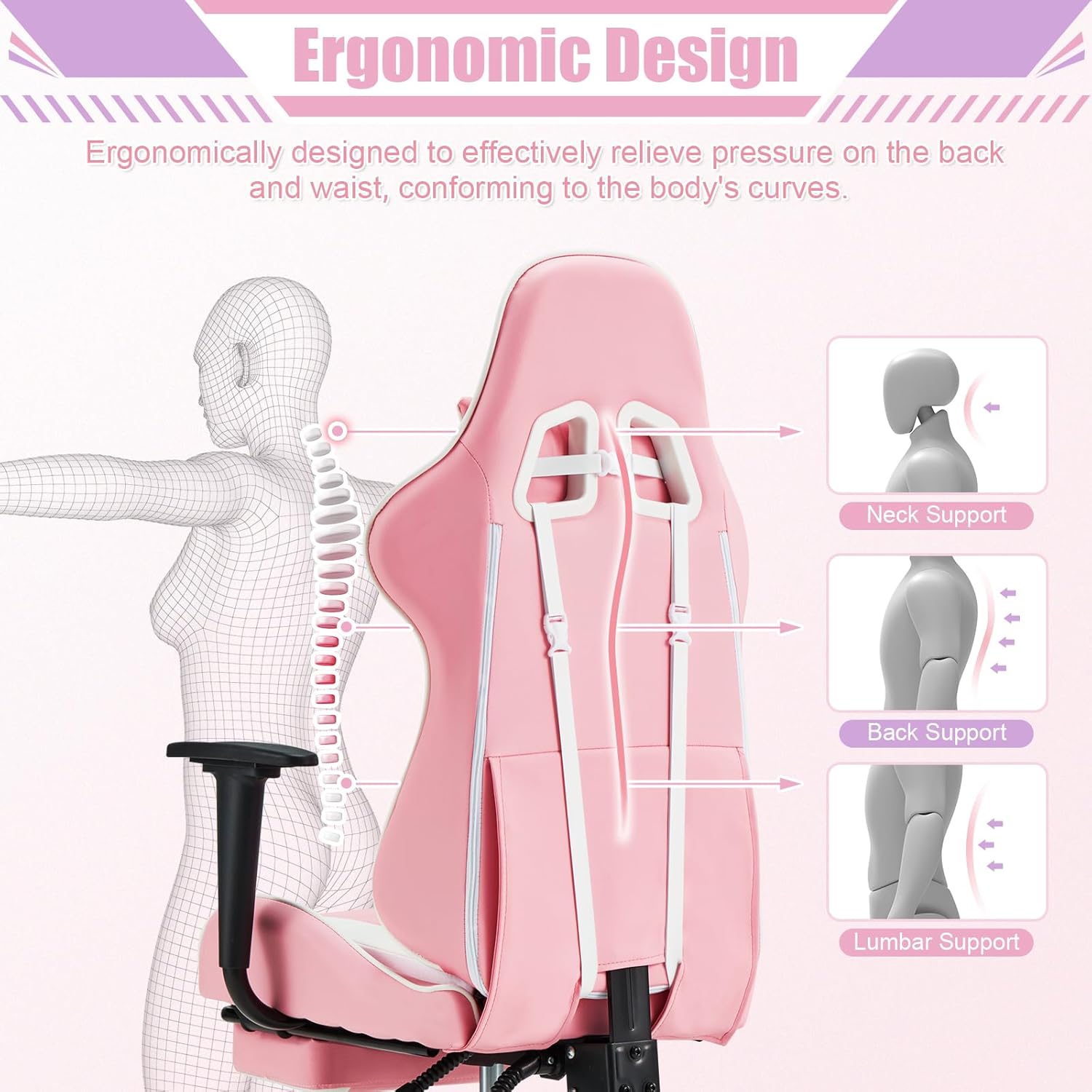 ECOTOUGE PC Gaming Chair Massage Ergonomic Office Desk Chair Racing PU Leather Recliner Swivel Rocker with Headrest and Lumbar Pillow, Pink-White