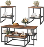 Coffee Table Set of 4, Nesting Coffee Table and 2 Side Tables | Industrial Square Coffee Table with Storage, Metal Frame, for Small Spaces, Apartment, Living Room, Rustic Brown and Black