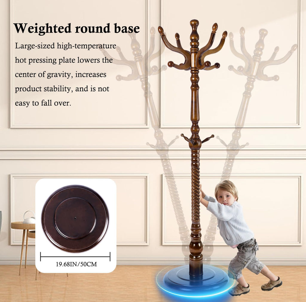 Wioao Coat Rack Stand, Solid Wooden Coat Tree with 11 Hooks, Heavy Duty Coat Rack Freestanding with Sturdy Round Base, Natural Birch Wood Coat Hanger Stand for Entryway Bedroom (brown circular)