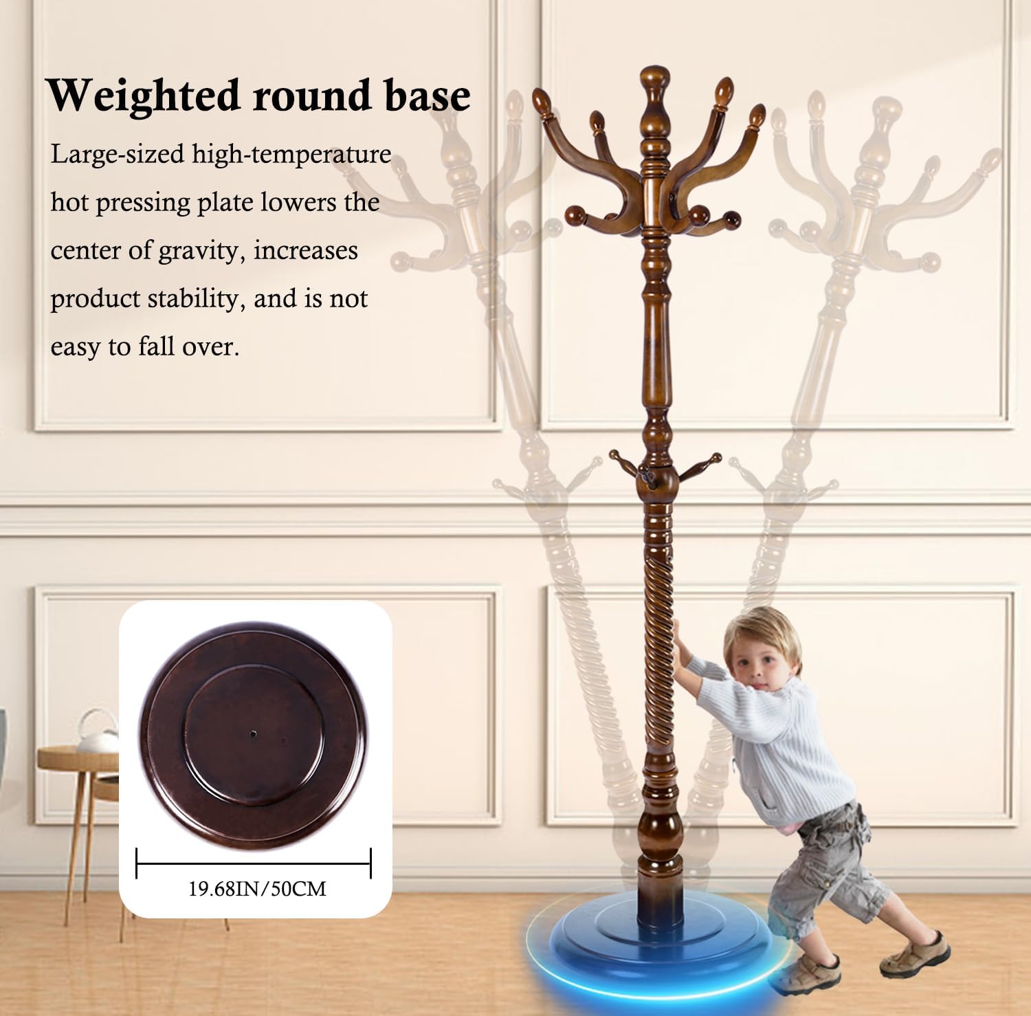 Wioao Coat Rack Stand, Solid Wooden Coat Tree with 11 Hooks, Heavy Duty Coat Rack Freestanding with Sturdy Round Base, Natural Birch Wood Coat Hanger Stand for Entryway Bedroom (brown circular)