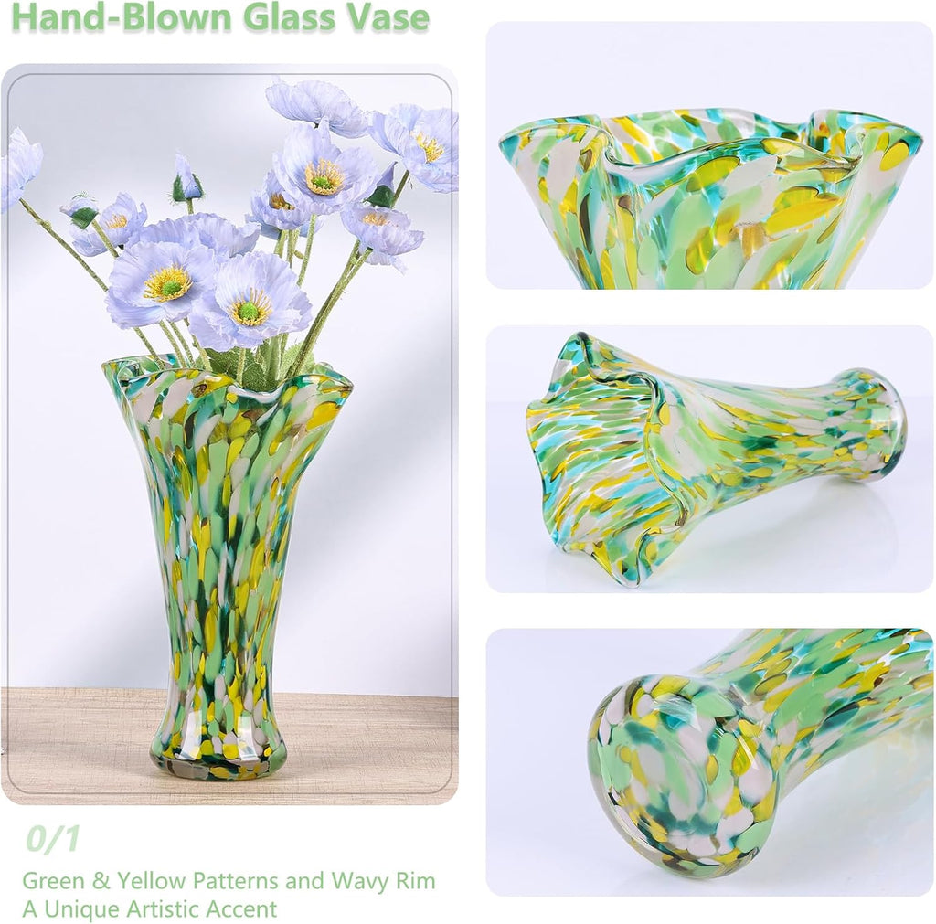 9.0"H Green Glass Vases for Flowers, Unique Hand Blown Glass Vase Green Gold Home Decor, Wide Mouth Colorful Flower Vase Centerpieces, For Living Room Table Bookshelf, Bathroom Office Shelf Decorative