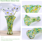 9.0"H Green Glass Vases for Flowers, Unique Hand Blown Glass Vase Green Gold Home Decor, Wide Mouth Colorful Flower Vase Centerpieces, For Living Room Table Bookshelf, Bathroom Office Shelf Decorative