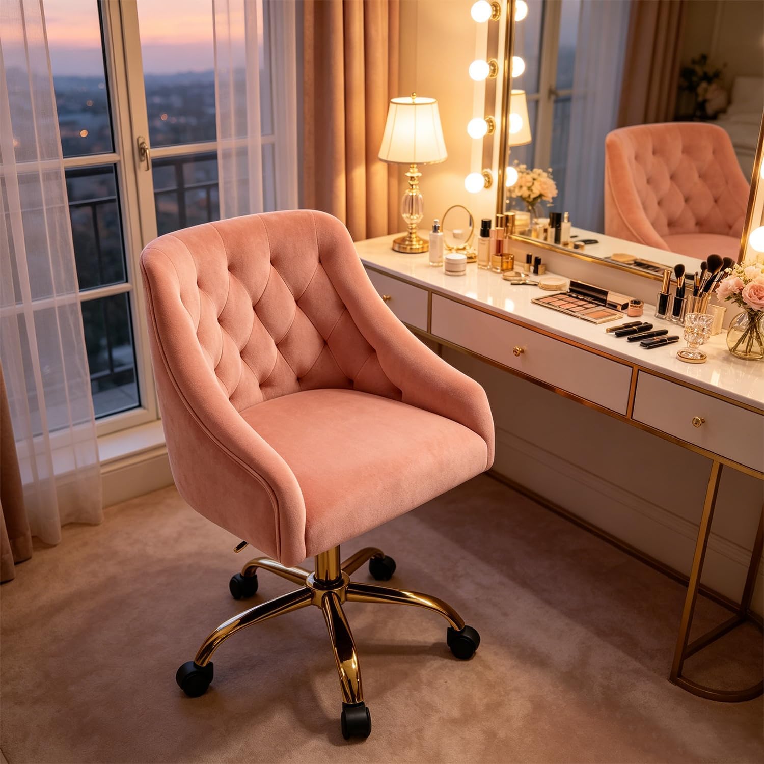 MOJAY Velvet Home Office Desk Chair, Vanity Chair with Wheels Pretty Fancy Gold 360°Swivel Height Adjustable Office Chairs for Girls Home Offices, Bedrooms, Living Room (Pink)