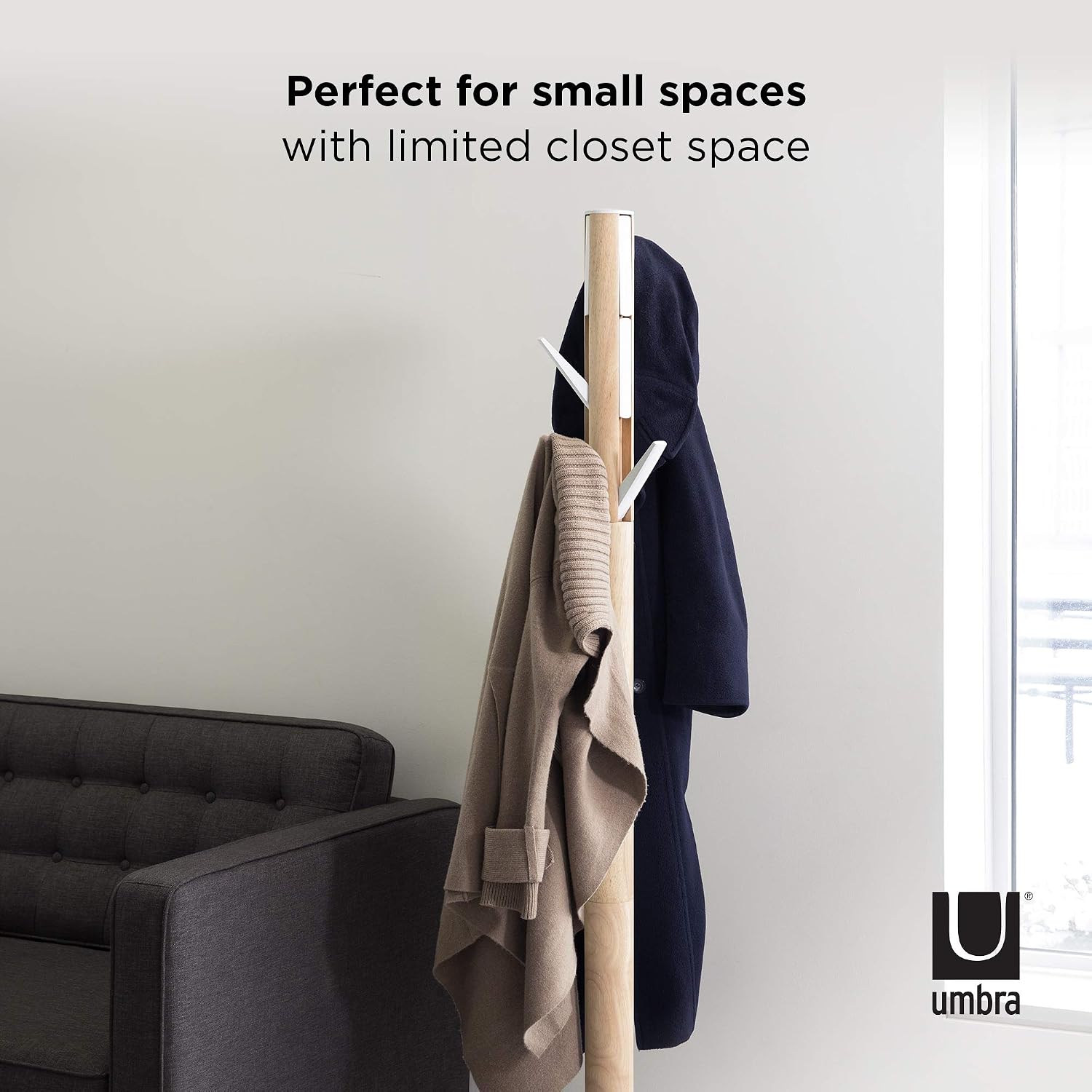 Umbra Flapper Coat Rack, Flip Down Clothing Rack, 9 Hooks, White/Natural