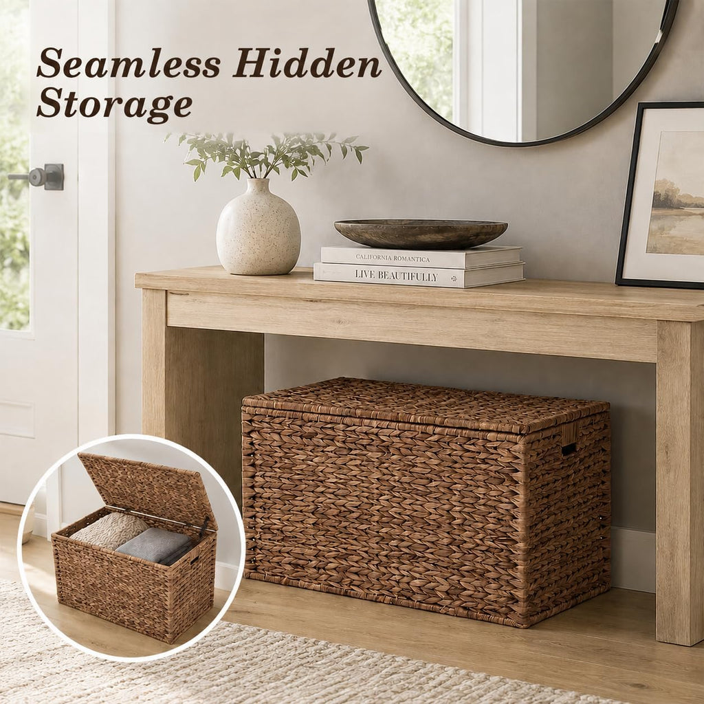 Storage Trunk w/Lid & Handles,Hand-Woven Water Hyacinth Storage Trunk,Wicker Storage Chest, Storage Bench, Wedding Trunk, for Living Room, Bedroom (Brown)