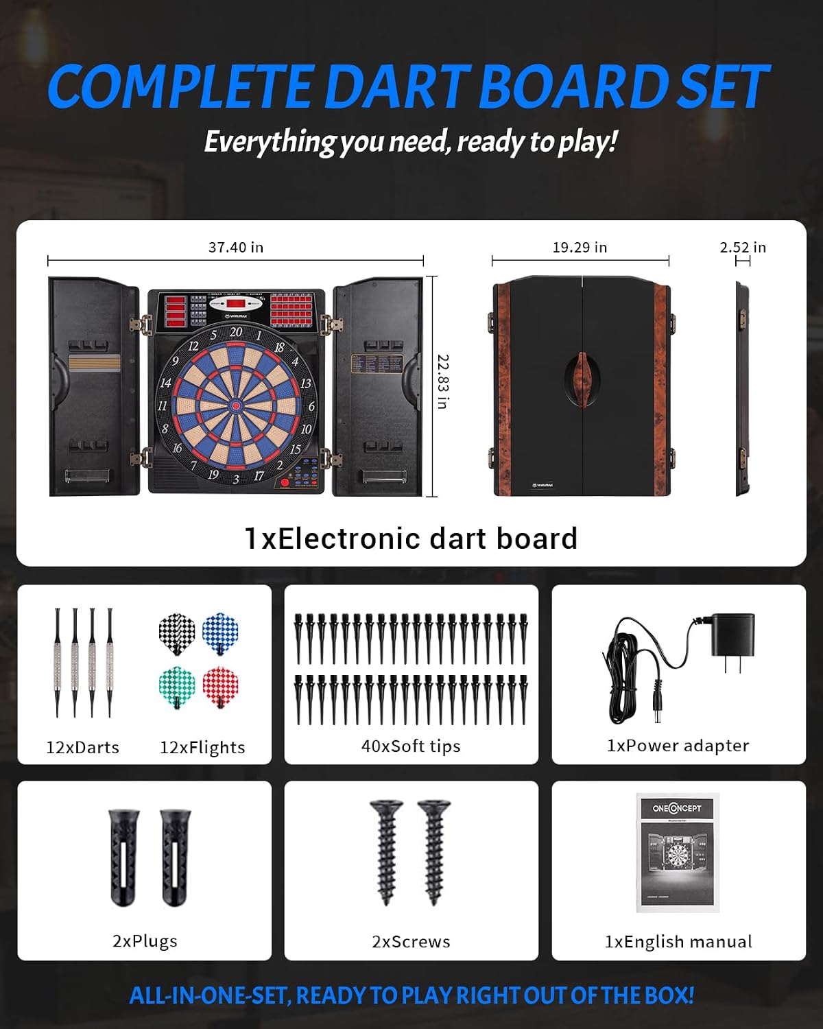 WIN.MAX Electronic Dart Board Cabinet Set for Adults, Black | LED Scoring, 38 Games & 211 Variants, Up to 16 Players, 12 Darts+40 Tips, Wall Mount for Home Bar Game Room Man Cave