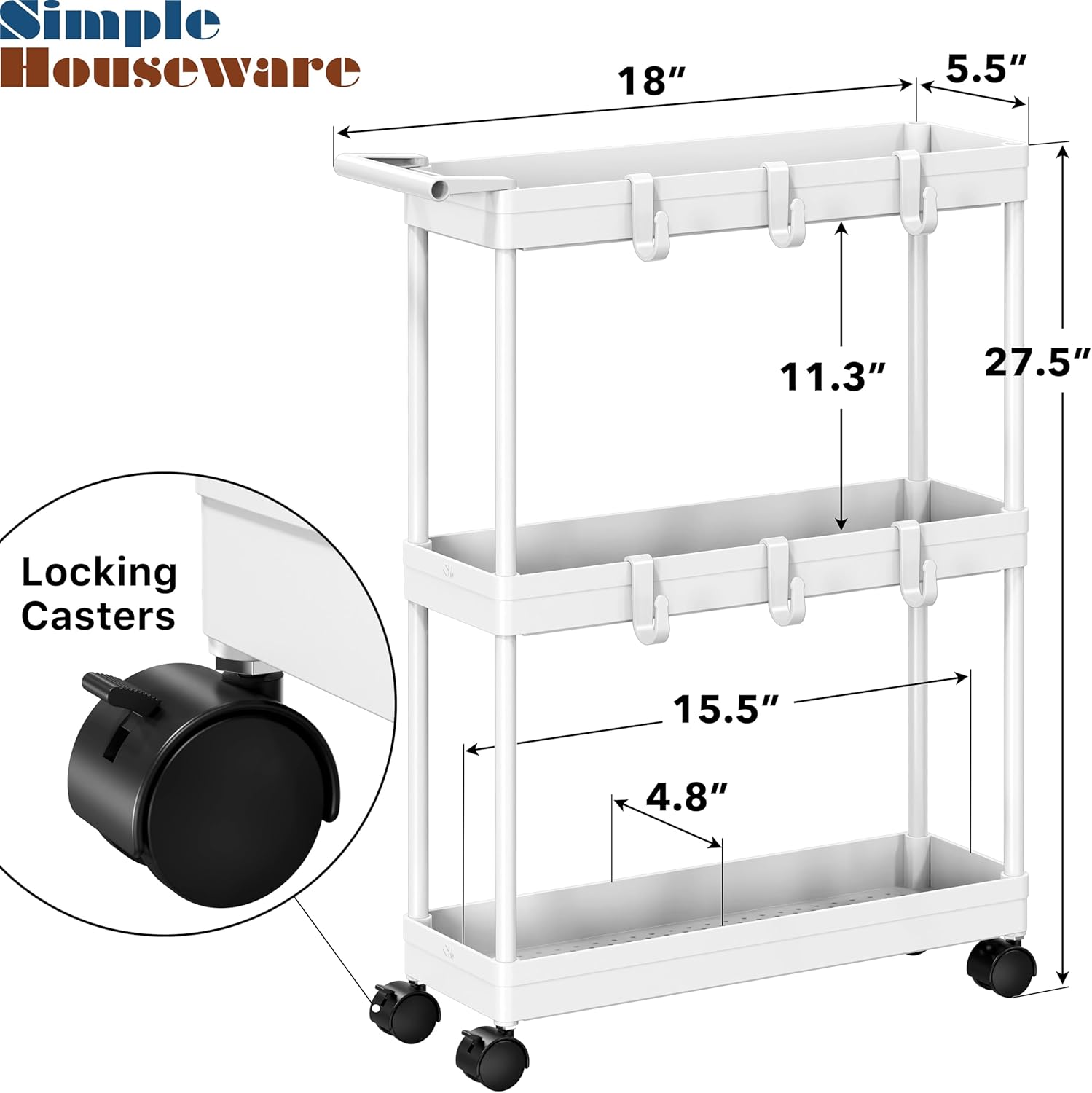 Simple Houseware 3-Tier Slim/Narrow Storage Cart with Handle, 5.5'' Wide x 27.5'' Height Rolling Organizer for Kitchen, Bathroom, Laundry Room - White