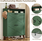 Joaxswe Shoe Cabinet Storage for Entryway with 2 Flip Drawers 2 Hook Open Storage Layer Rack Narrow Organizer Slim Hidden Wood Shoe Cabinet Furniture Dark Green
