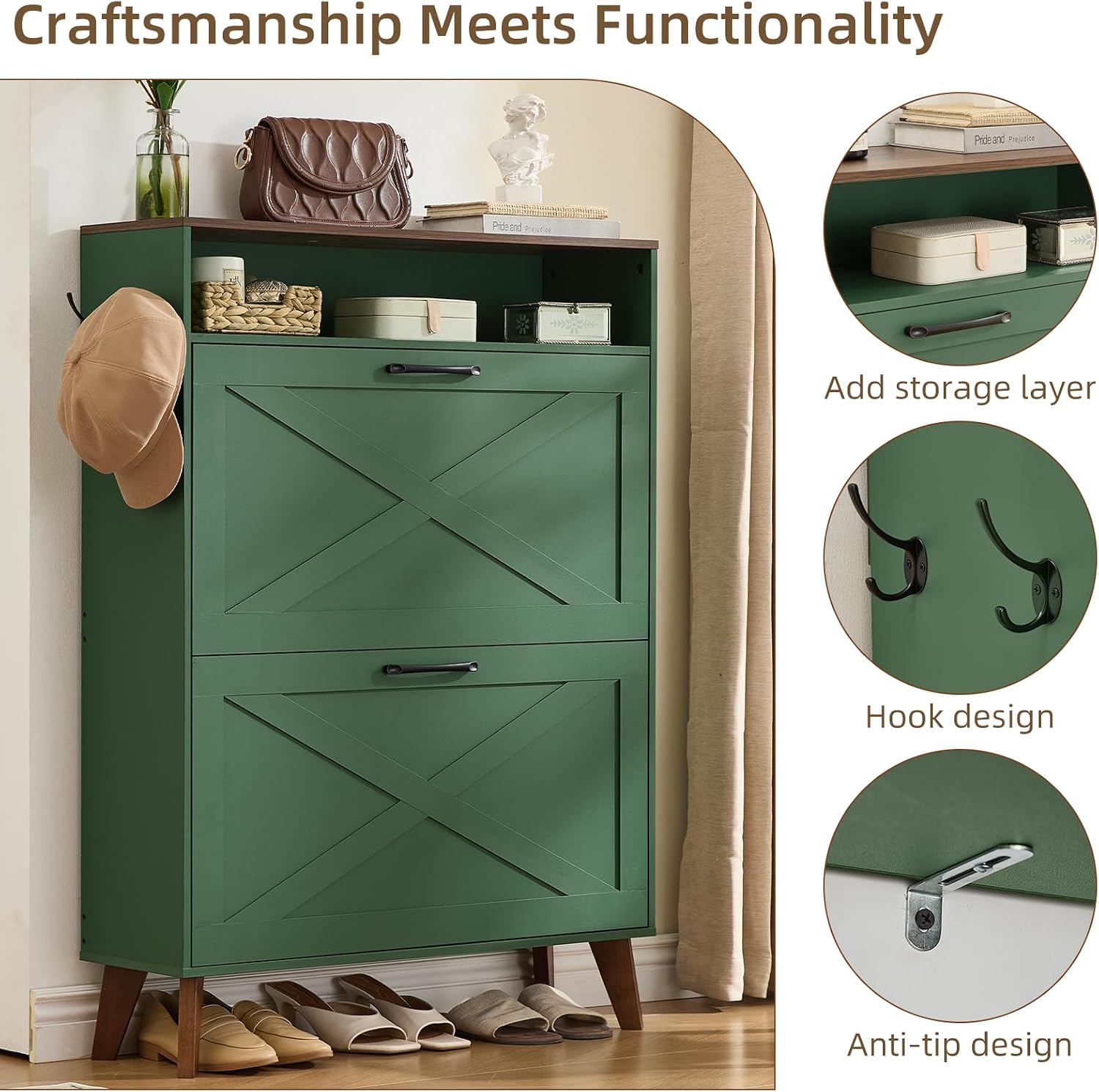 Joaxswe Shoe Cabinet Storage for Entryway with 2 Flip Drawers 2 Hook Open Storage Layer Rack Narrow Organizer Slim Hidden Wood Shoe Cabinet Furniture Dark Green