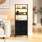 Furnulem Night Stand Set 2 with Charging Station, 46" Black Bedside Table | RGB LED Lights, 4-Tier Storage Shelves & 3 Fabric Drawers, Metal Frame, Wood Desktop, Easy Assembly for Bedroom Hallway Dorm