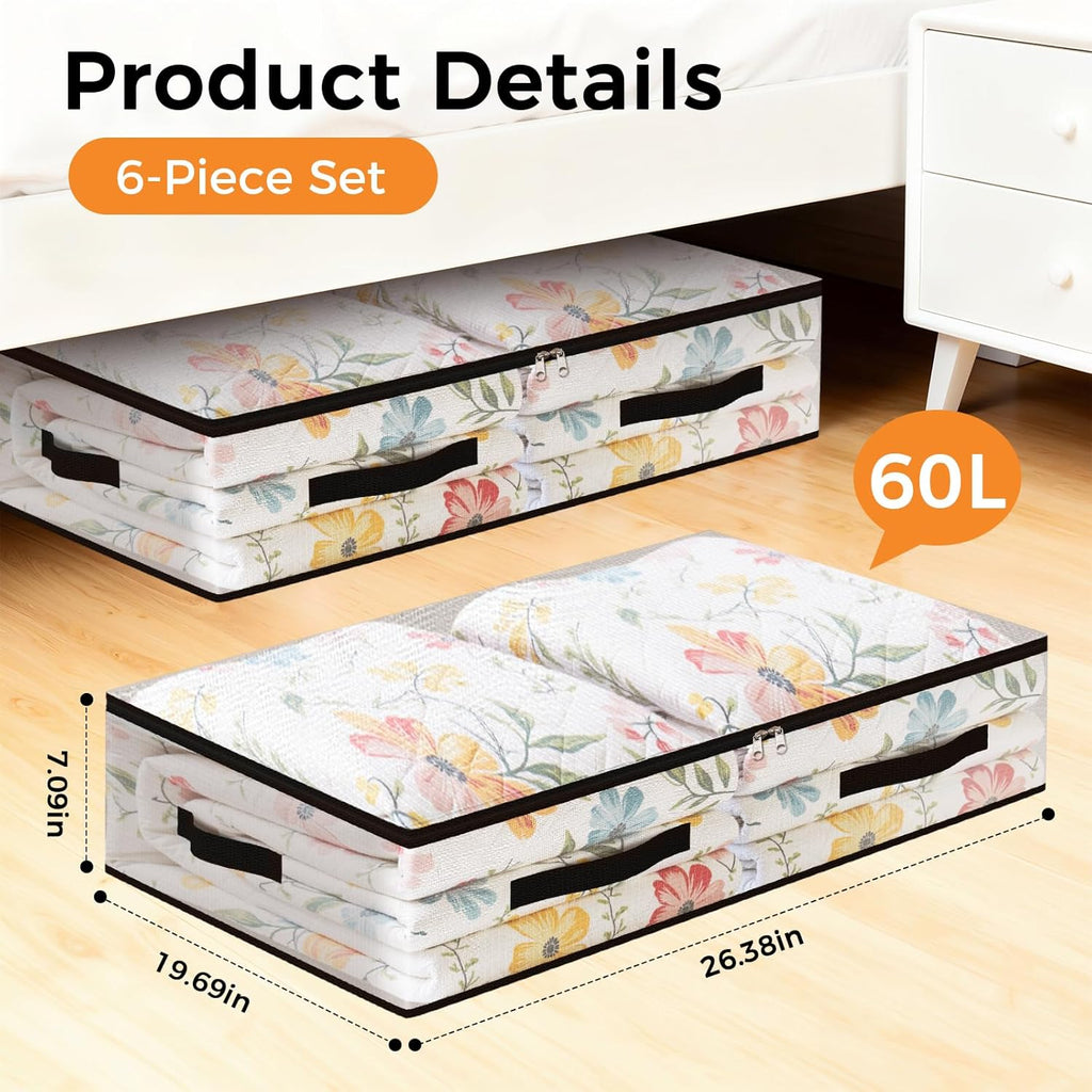 6 Pack Under Bed Storage Bags, 60L Foldable Clear Storage Containers with Handles, Dual Zippers for Comforter, Clothes, Bedding, Linen Sheets, Sweaters, Blanket Storage