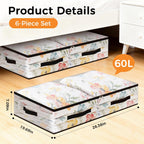 6 Pack Under Bed Storage Bags, 60L Foldable Clear Storage Containers with Handles, Dual Zippers for Comforter, Clothes, Bedding, Linen Sheets, Sweaters, Blanket Storage