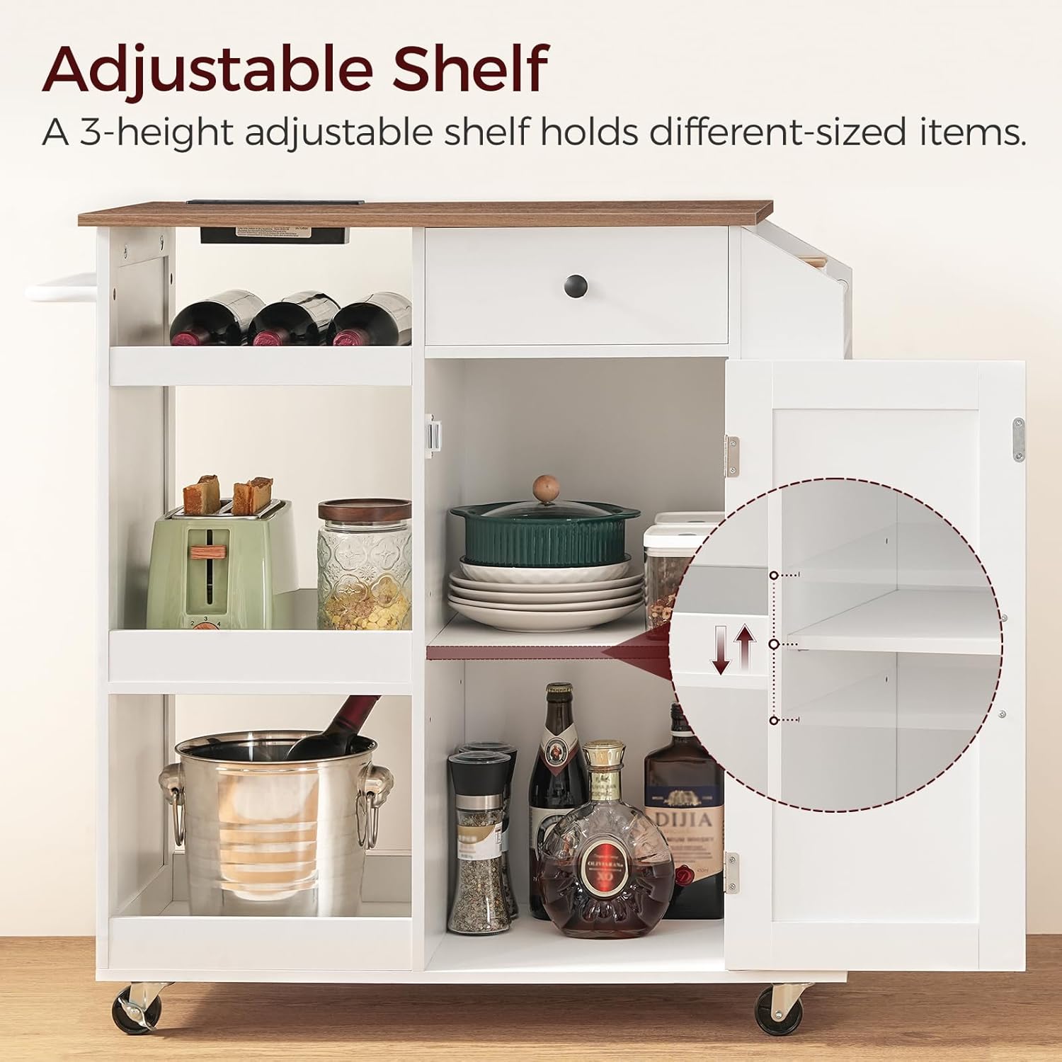 MAHANCRIS Kitchen Island with Power Outlet, Kitchen Storage Island with Drawer, Rolling Kitchen Cart on Wheels, Spice Rack, Towel Rack, Wine Rack, for Dining Room, White and Walnut KIBZ122E01