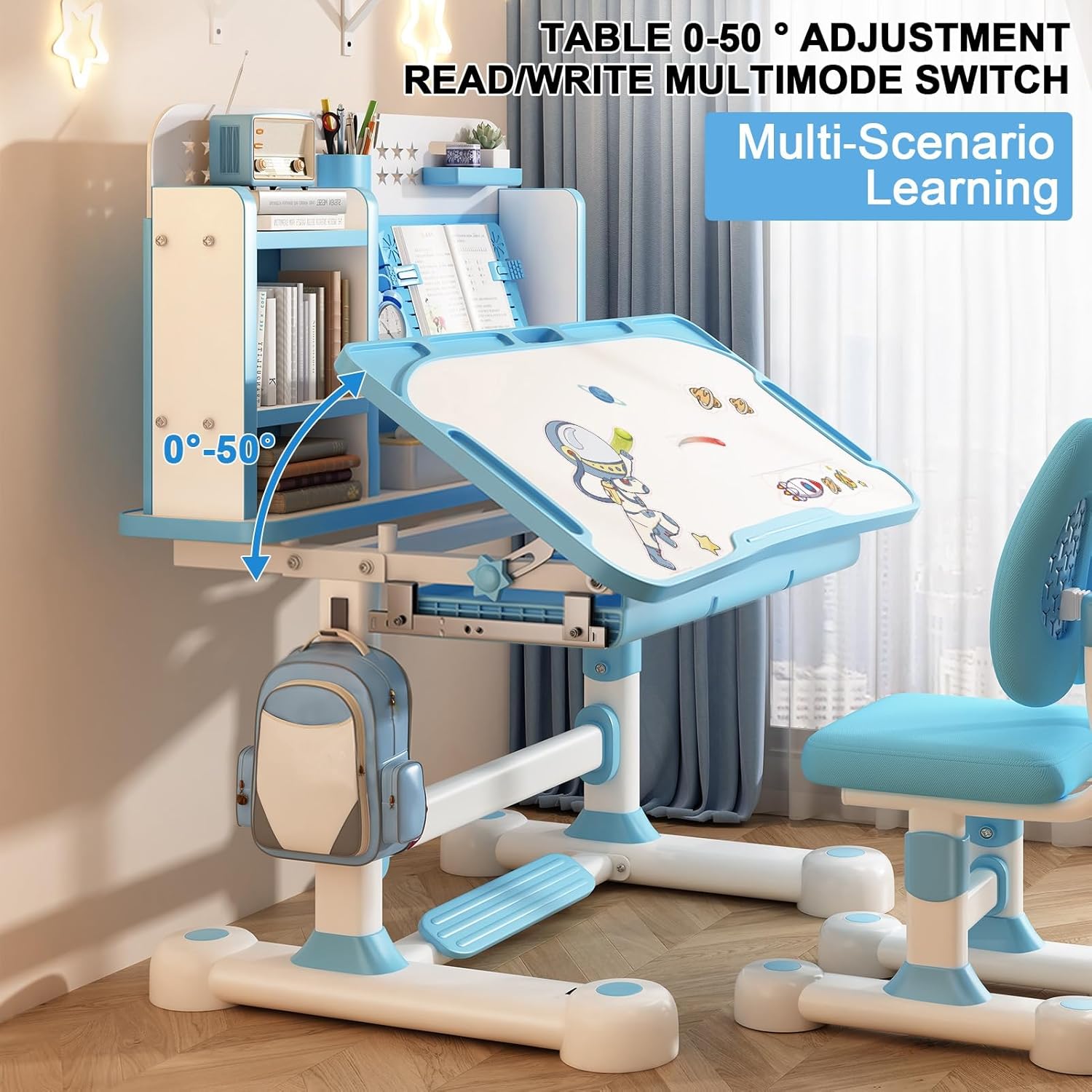 Kids Desk and Chair Set - Adjustable Height Small Desks, Widened Desktop, Kids Study Desk with Drawer & Multi Separation Cartoon Pattern, Small Standing Desks Pink