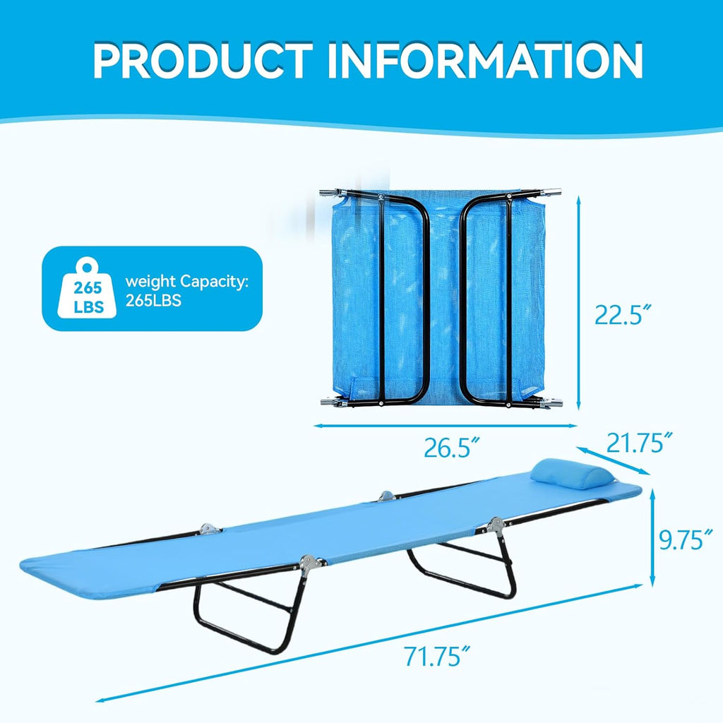 Outdoor Chaise Lounge with Detachable Pillow, Reclining Folding Chair with 5-Position Adjustable Back, Portable Tanning Chair for Beach, Pool, Lawn, Breathable Mesh Seat, No Assembly
