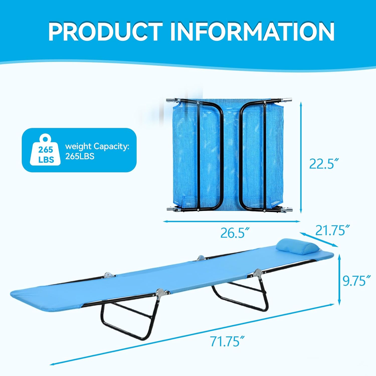 Outdoor Chaise Lounge with Detachable Pillow, Reclining Folding Chair with 5-Position Adjustable Back, Portable Tanning Chair for Beach, Pool, Lawn, Breathable Mesh Seat, No Assembly
