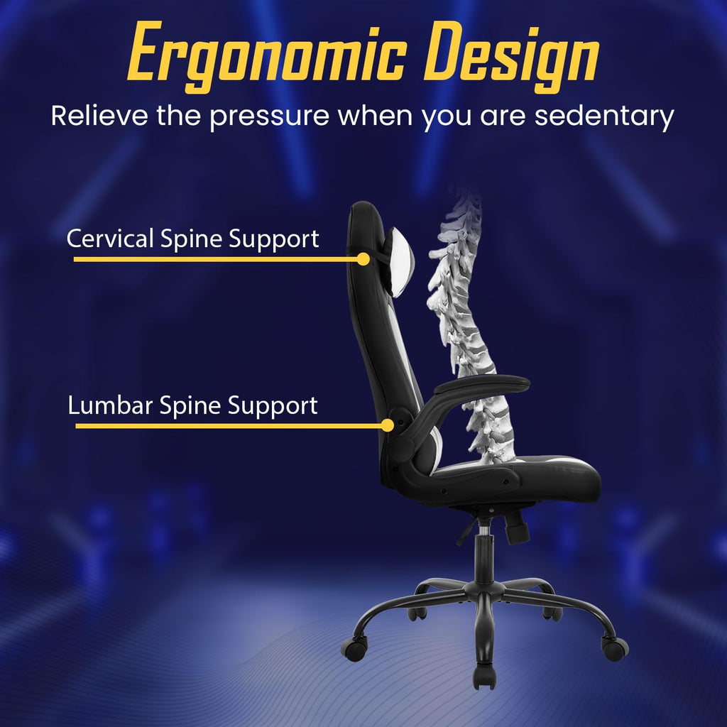 Ruesleag Ergonomic PC Gaming Chair Office Computer Chair w/Lumbar Support Flip Up Arms Headrest PU Leather Study Desk Chair Executive Office Chair High Back Video Racing Chair for Adults,White