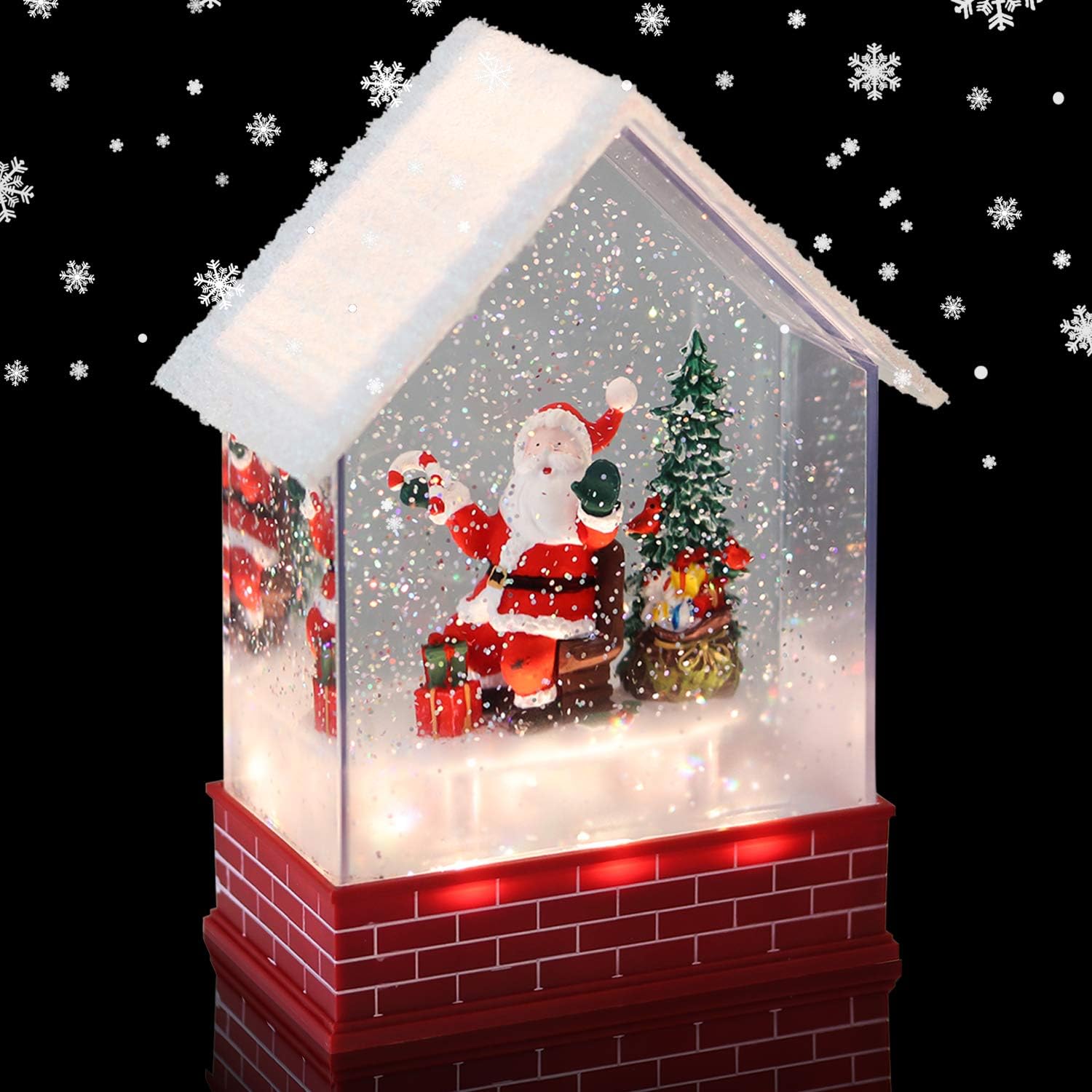 Eldnacele Musical Snow Globe House with Timer, Lighted USB/Battery Operated Swirling Singing Water Glittering Lantern, Christmas Snow Globes House Holiday Festival Decoration- Santa Claus