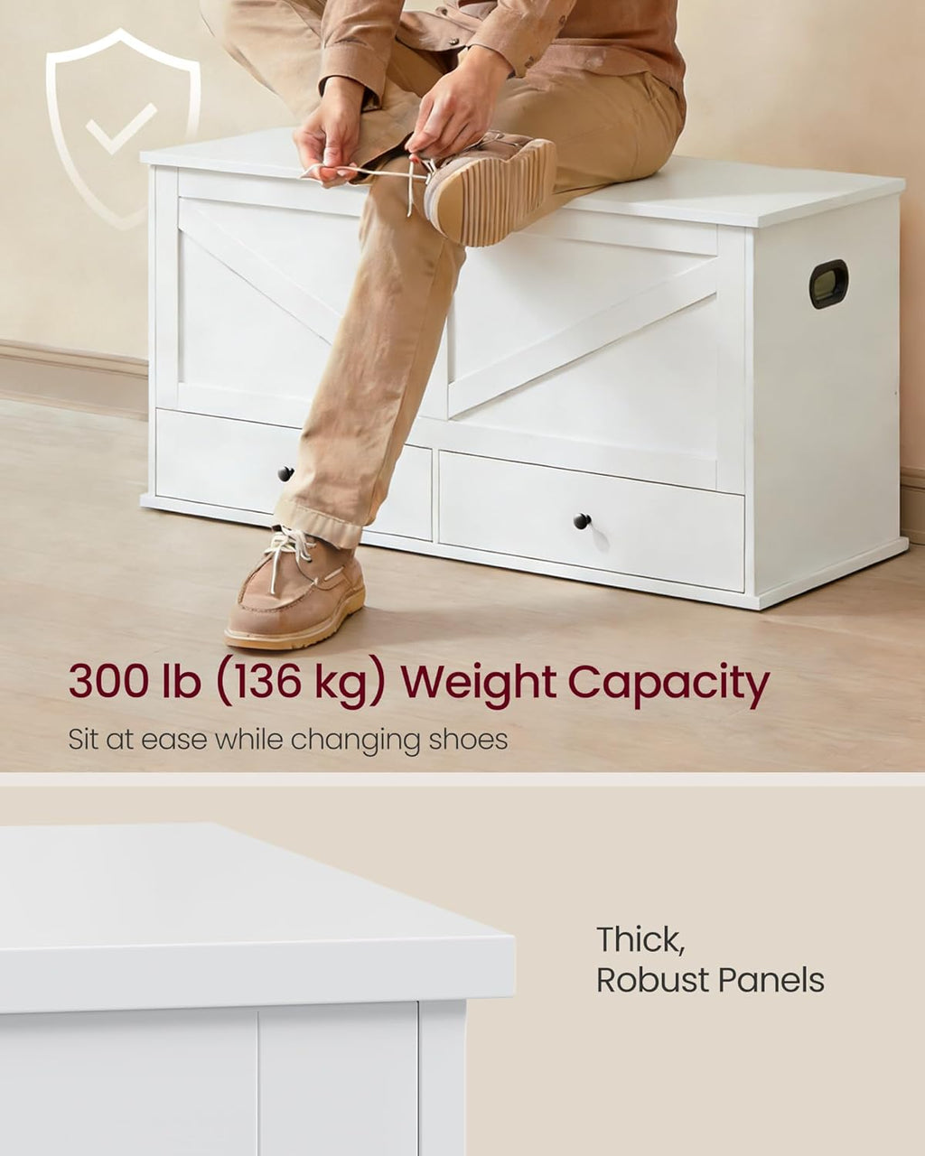 VASAGLE Storage Chest, Storage Bench with 2 Fabric Drawers, Farmhouse Style, for Entryway, Bedroom, Living Room, 15.7 x 39.4 x 19.9 Inches, Cloud White ULSB043W01