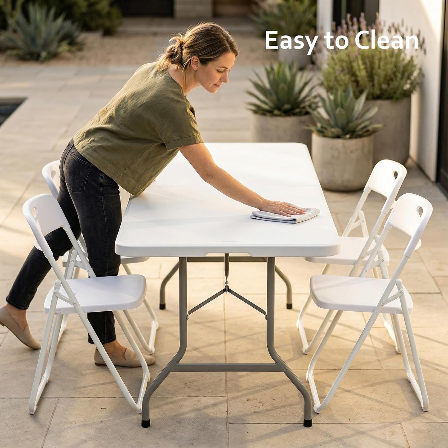 Folding Table and Chairs Set, 6 Foot Foldable Long Plastic Table with 6 Plastic Folding Chairs, Portable Set for Parties, Event, Training, Craft, Wedding, and Commercial Use