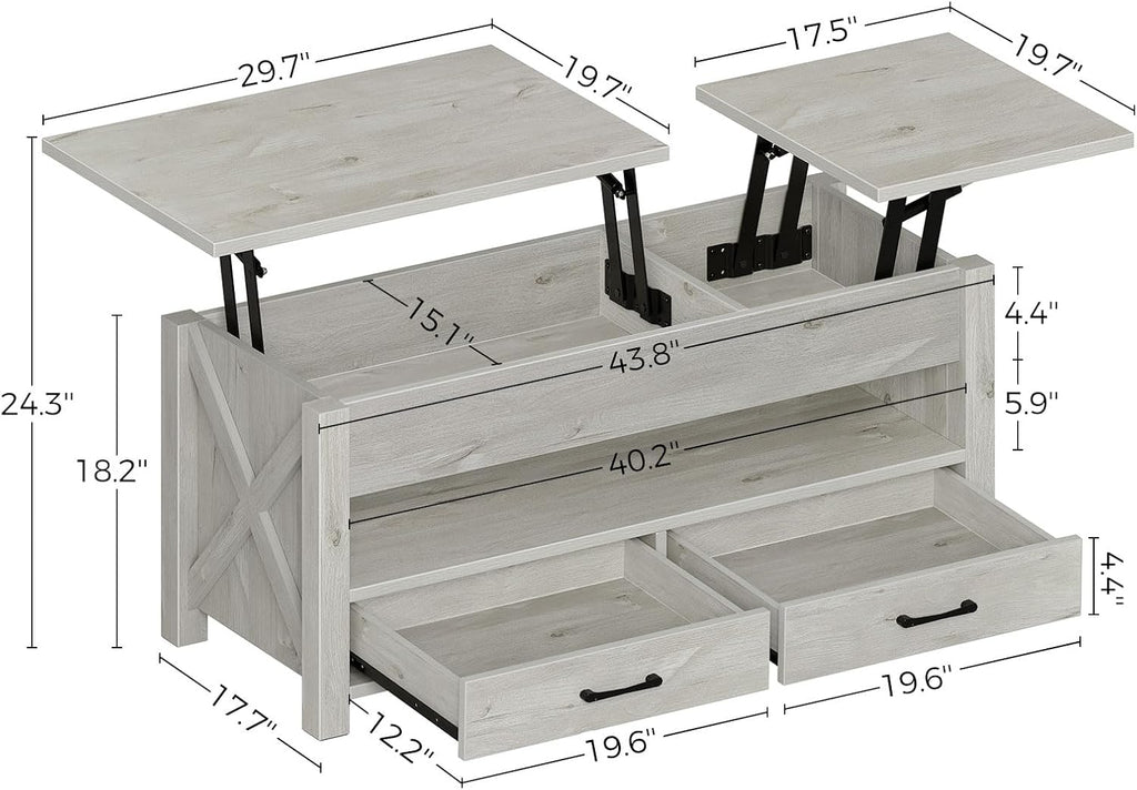 Seventable Coffee Table, 47.2" Lift Top Coffee Table with 2 Storage Drawers and Hidden Compartment, Retro Center Table with Wooden Lift Tabletop for Living Room, Gray