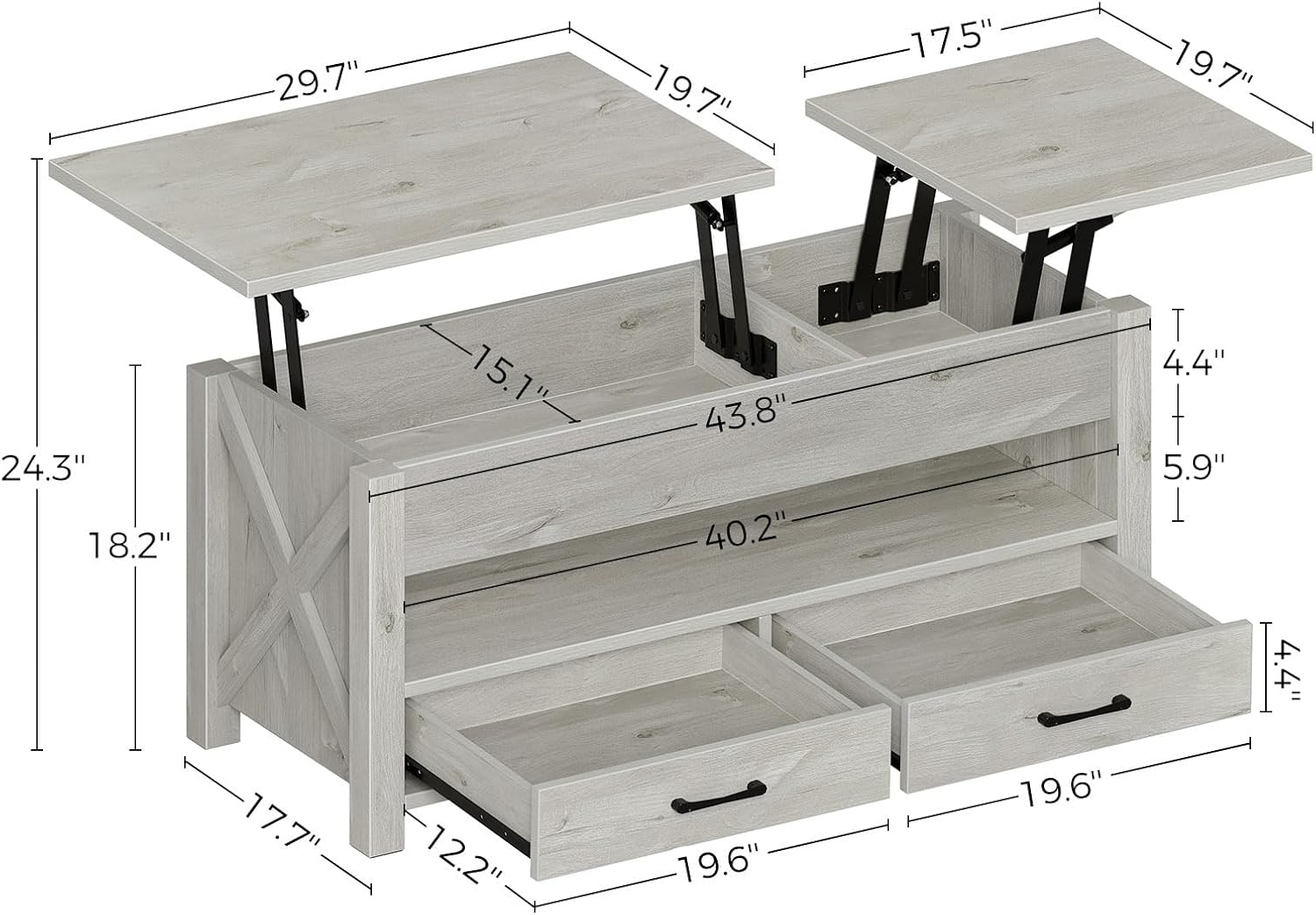 Seventable Coffee Table, 47.2" Lift Top Coffee Table with 2 Storage Drawers and Hidden Compartment, Retro Center Table with Wooden Lift Tabletop for Living Room, Gray