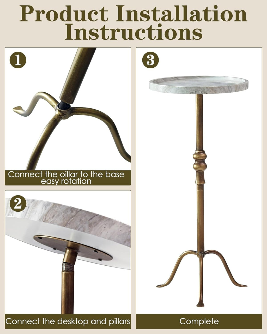 Brass Distressed Iron Round Pedestal End Table, 25 Inch Vintage Martini Cocktail Accent Table with Tray Top for Living Room, Bedroom (White Marble)