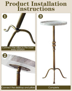 Brass Distressed Iron Round Pedestal End Table, 25 Inch Vintage Martini Cocktail Accent Table with Tray Top for Living Room, Bedroom (White Marble)