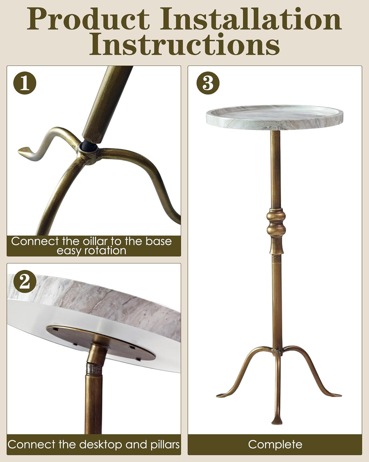 Brass Distressed Iron Round Pedestal End Table, 25 Inch Vintage Martini Cocktail Accent Table with Tray Top for Living Room, Bedroom (White Marble)