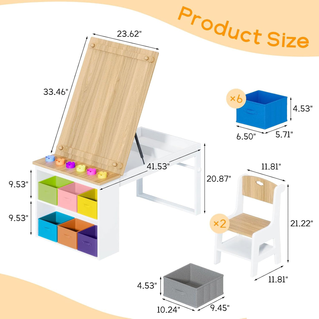 Befrases Kids Art Table and Chairs, Toddler Craft Table and 2 Chairs Set with Roll Paper, Large Activity Desk with 6 Colorful Paint Cups & Storage for Drawing, Learning and Reading