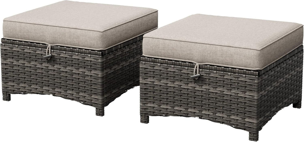 Patio Ottomans Set of 2, 22"x 22"x 18" Outdoor Wicker Footstool with Cushion, Beige, for Garden, Backyard, Deck, Porch, Balcony, Poolside