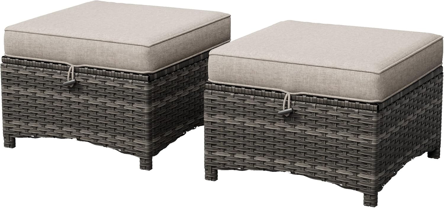 Patio Ottomans Set of 2, 22"x 22"x 18" Outdoor Wicker Footstool with Cushion, Beige, for Garden, Backyard, Deck, Porch, Balcony, Poolside