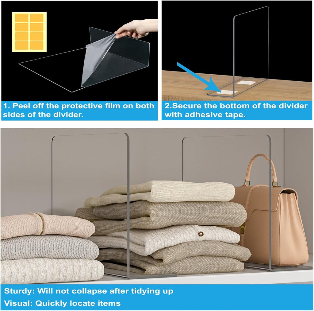 OKPOW Shelf Dividers Closet Organizer - 12" Tall X 11.8" Deep Acrylic Clear Sturdy Separate for Clothes Purse - Adjustable Space Saver Easy Install for Home Organization Enthusiasts 8 Pack
