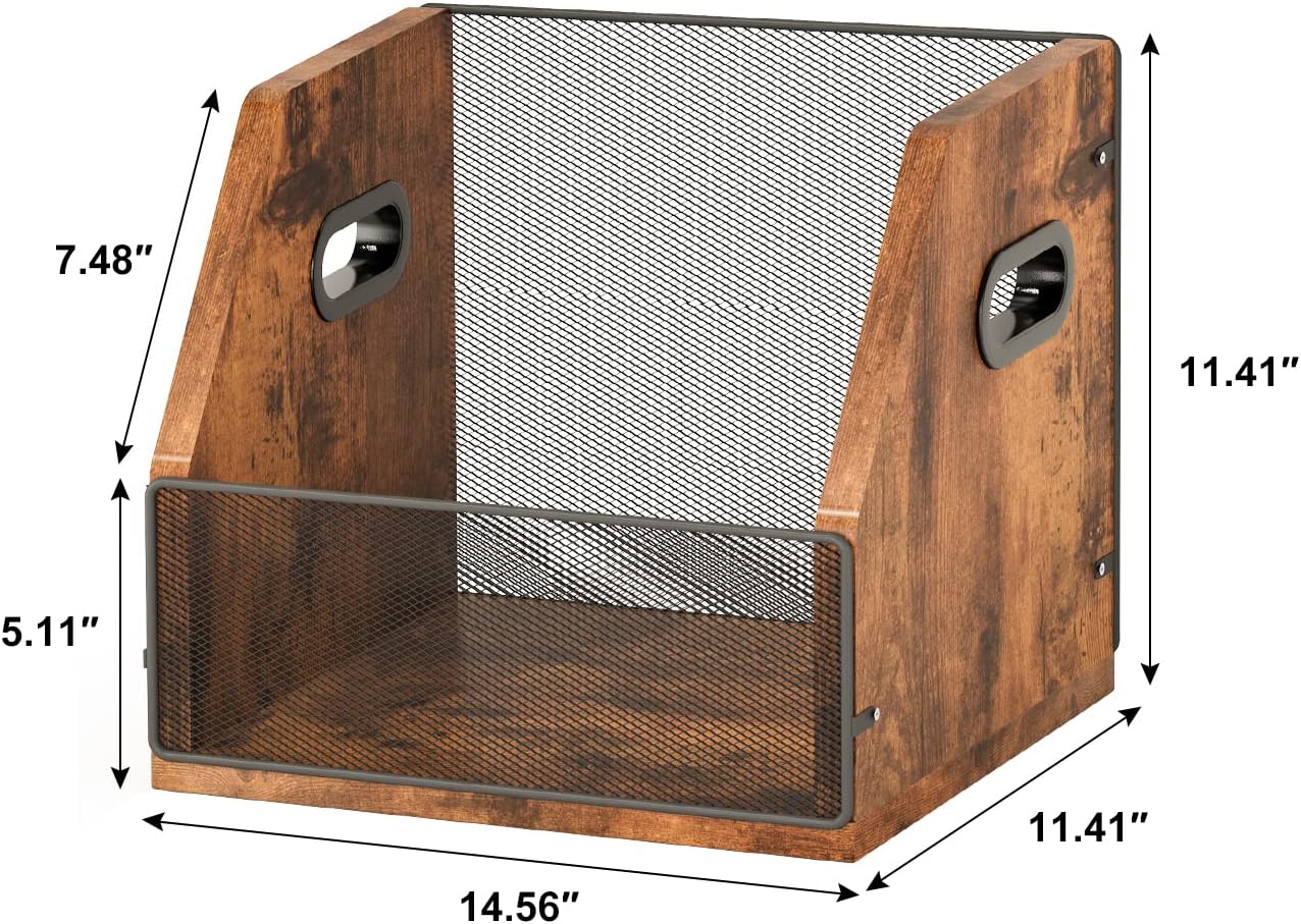 Homeiju Vinyl Record Storage, Record Box Case Crate, Vinyl Record Album Holder, Desktop Metal & Wooden LP Record Crate, Holds up to 60 Records（Patent No.D1024563