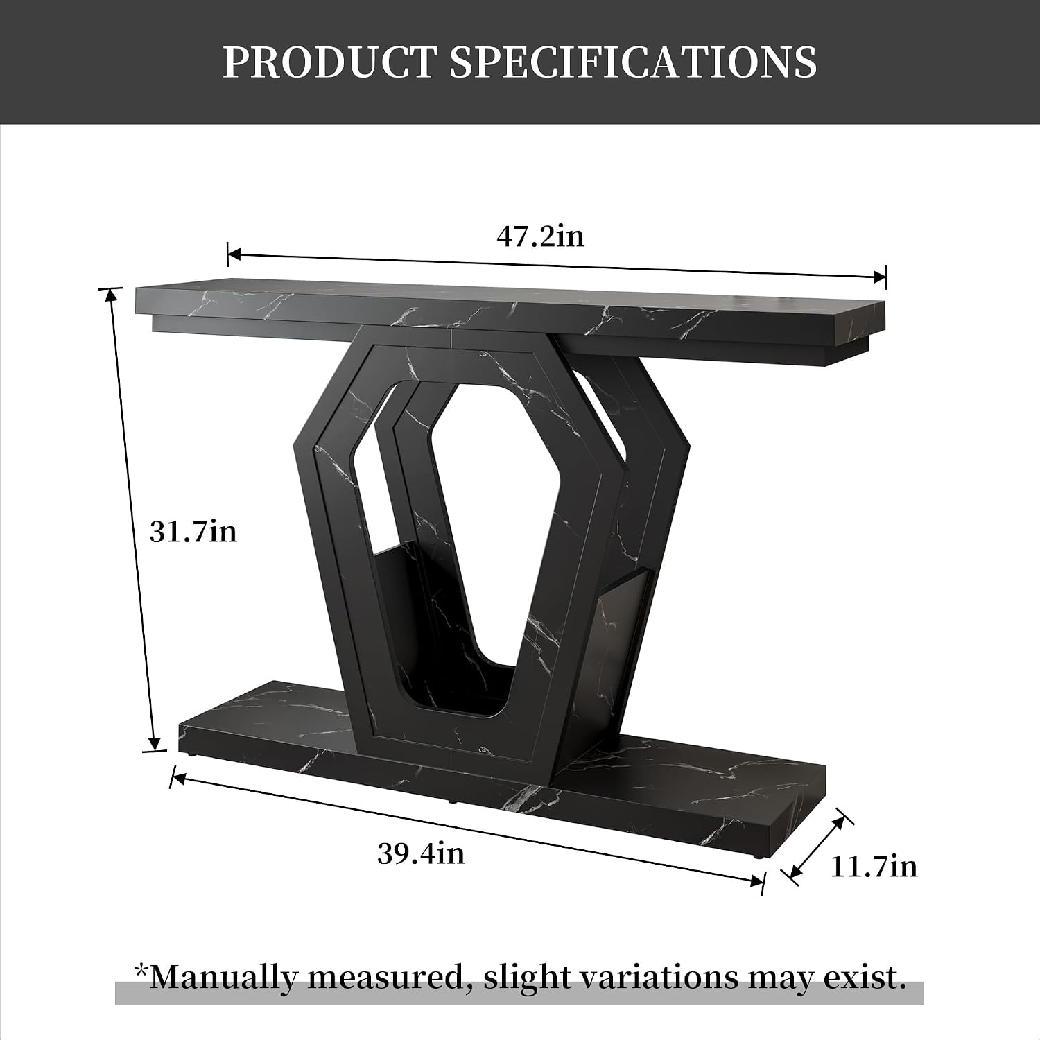 senlin Sofa Table 47.3 Inch Narrow Console Table with Openwork Frame, Industrial Entryway Table for Hallway, Wood and Metal, Adjustable Leg Pads, Easy Assembly (Black Marble Texture)