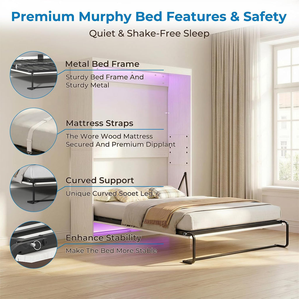 Mjkone Queen Murphy Bed, Cabinet Beds Queen Size, Modern Hidden Murphy Wall Chest Beds with Space-Saving Design, Adults Cabinet Guest Bed with 16 Colors of LED Lights for Bedroom, Apartment - White