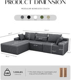 Lifelink 108" Boneless Couch L-Shaped Modular Sectional: Couches for Living Room - Cloud Sofa with Deep Seat High Back - Oversized Left Facing Chaise - No Assembly Required - Grey
